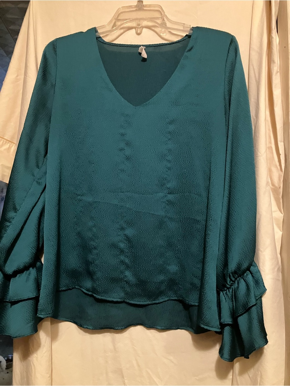 Tyche Teal V-Neck Ruffle Sleeve Blouse